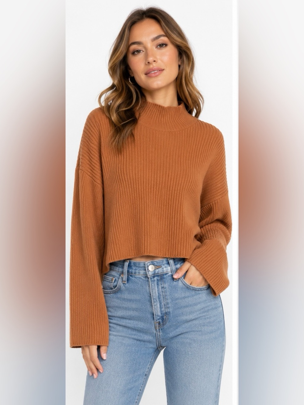 Maeve Anthropologie XS Ribbed Mock Neck Crop Sweater Camel Brown Oversized